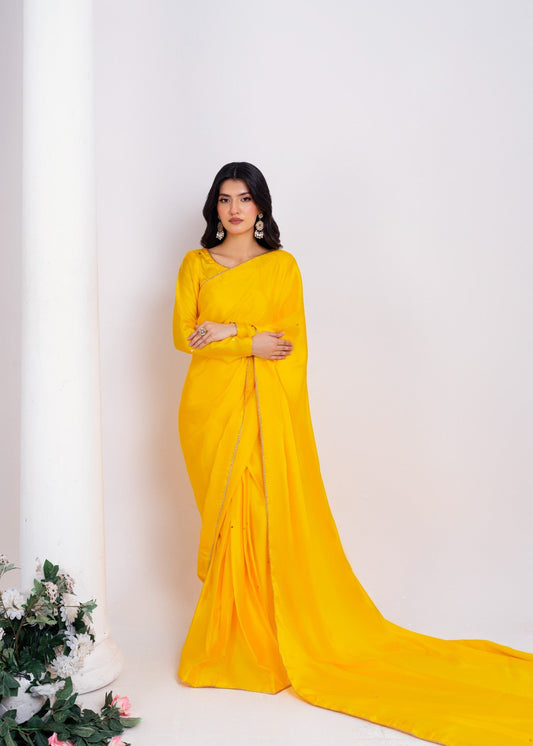 Vibrant Marigold Yellow Saree: Elegant, Flowing, Comfortable, Perfect for Celebrations